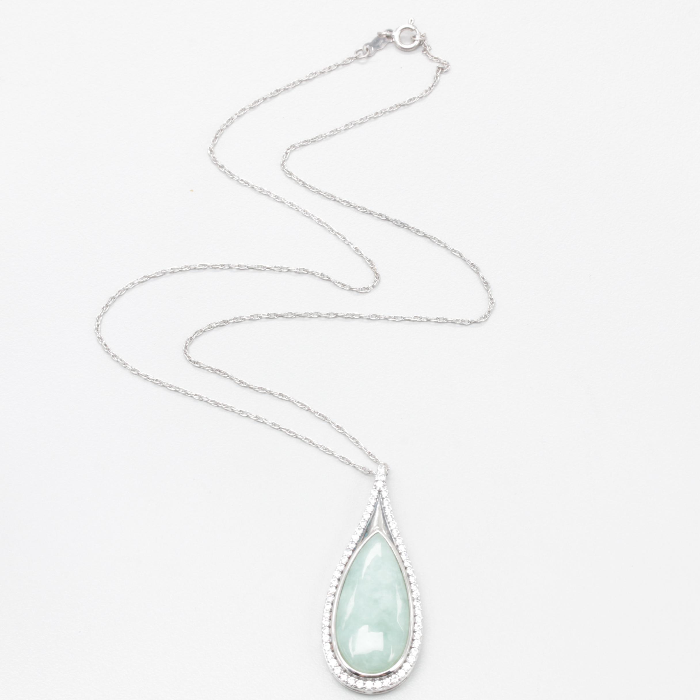 Sterling Silver Jadeite and Cubic Zirconia Pendant Necklace