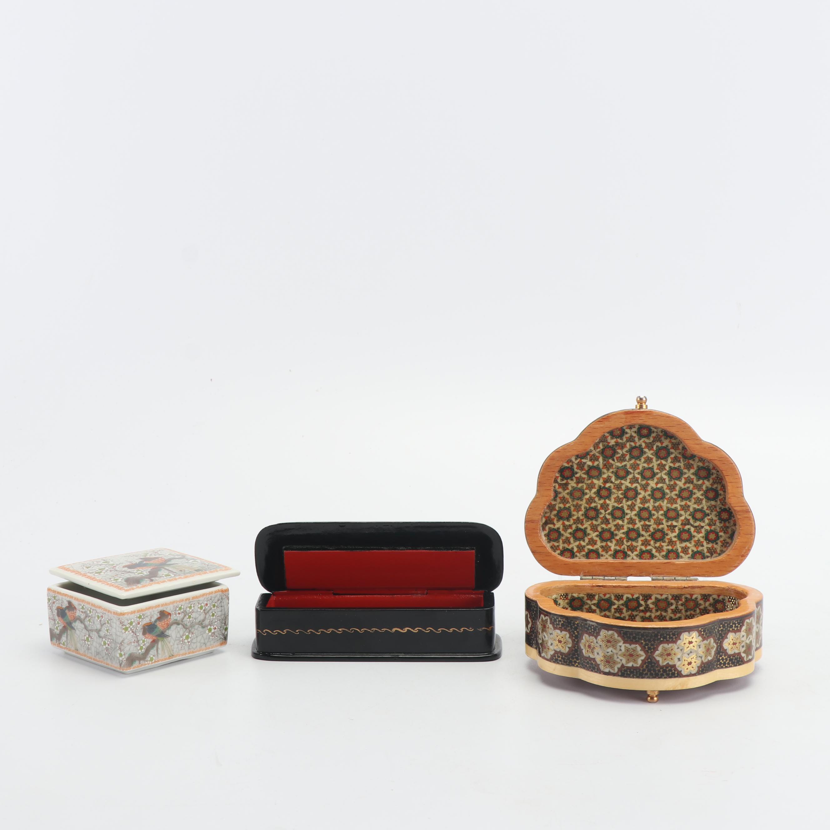 Persian Khatam, Russian Folk Art, and Porcelain Trinket Boxes