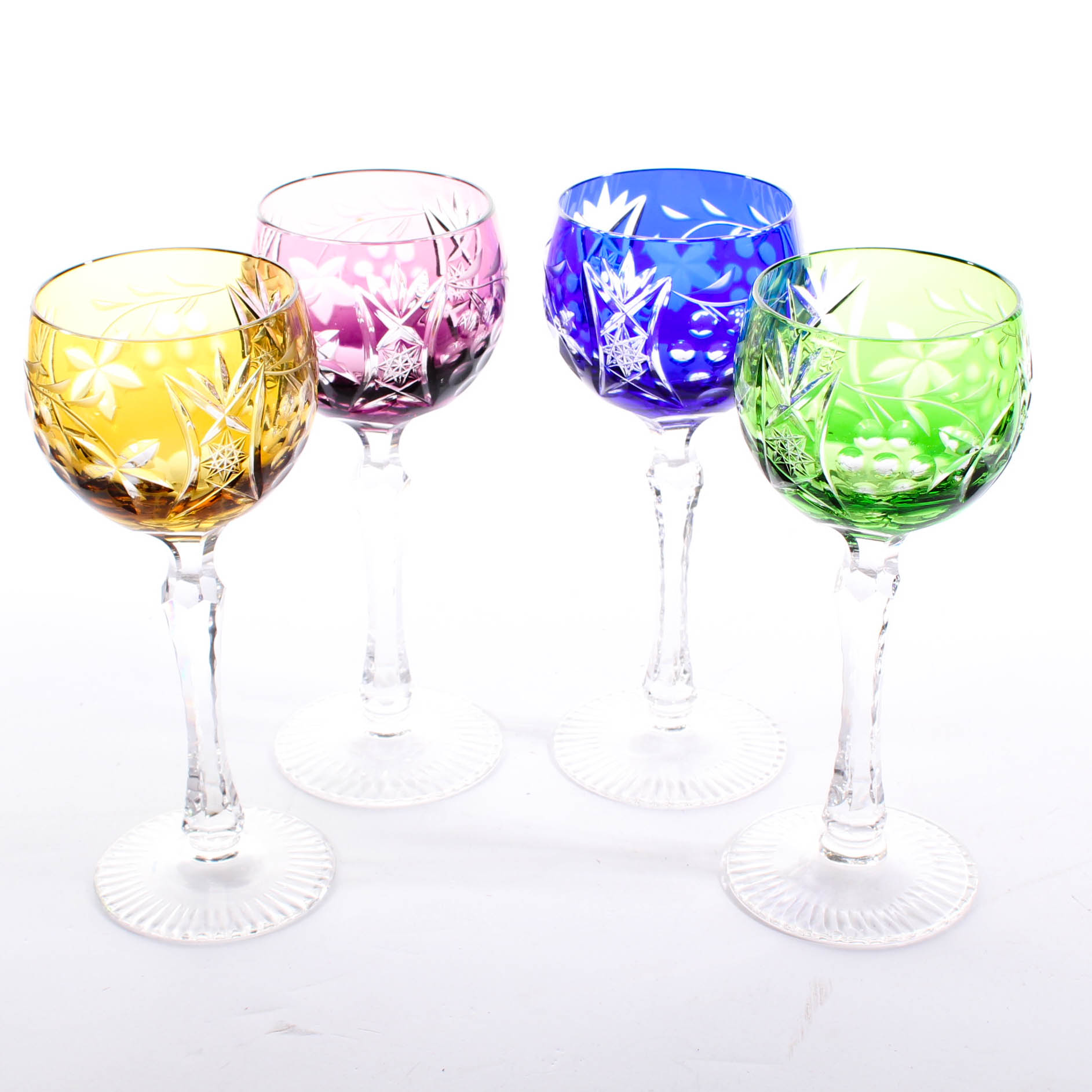 Bohemian Colored Cased Cut to Clear Crystal Hock Wine Glasses