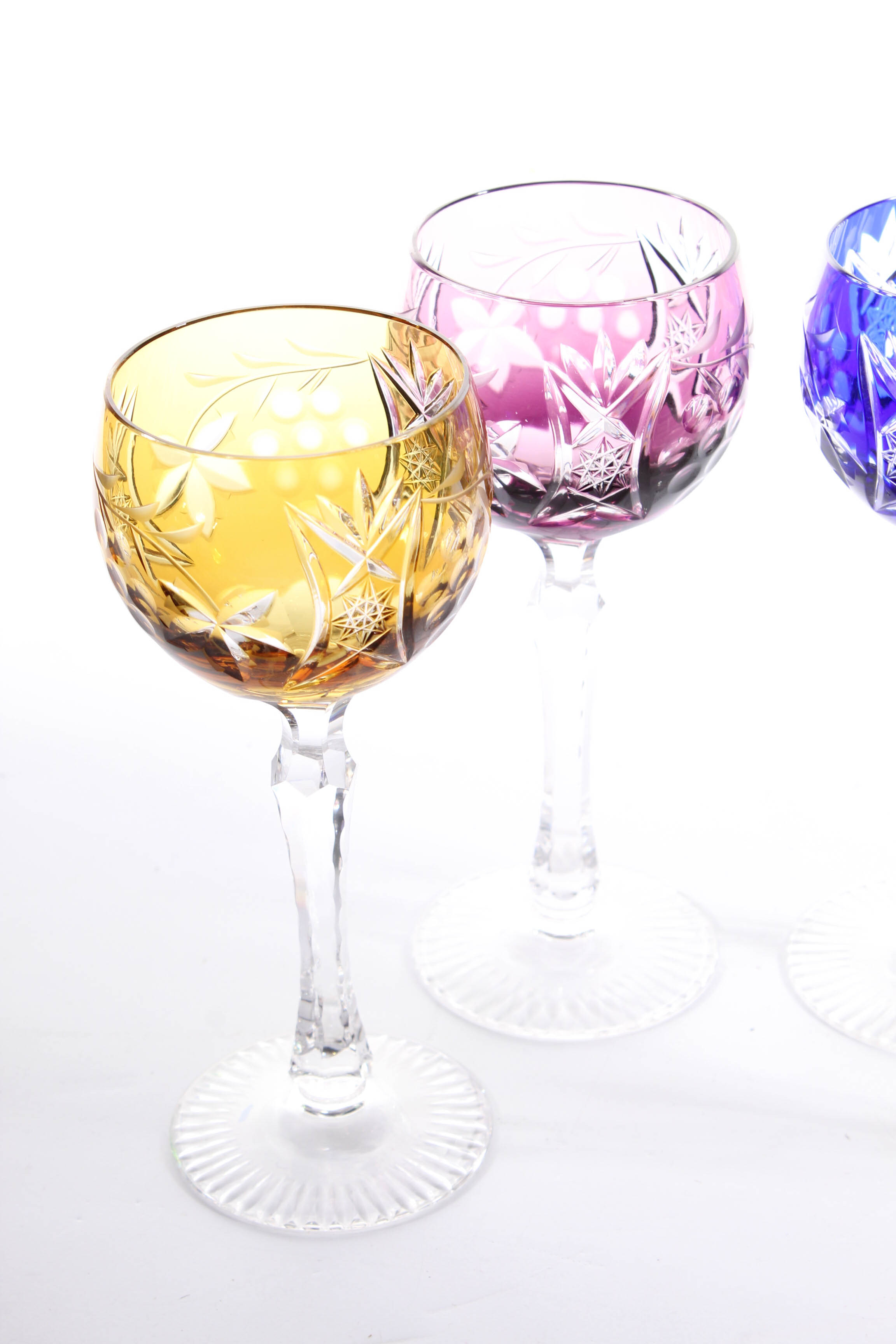 Bohemian Colored Cased Cut to Clear Crystal Hock Wine Glasses