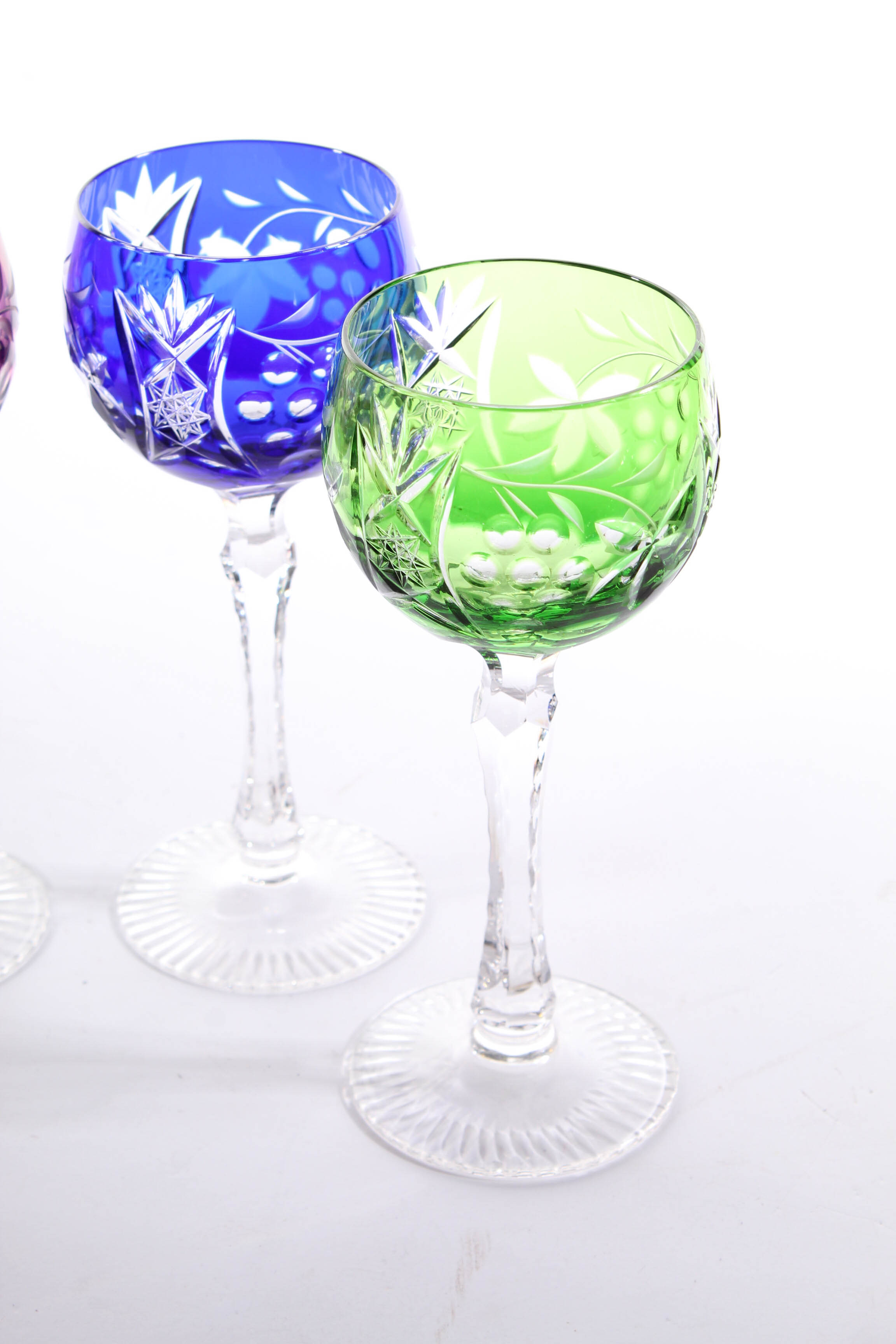 Bohemian Colored Cased Cut to Clear Crystal Hock Wine Glasses