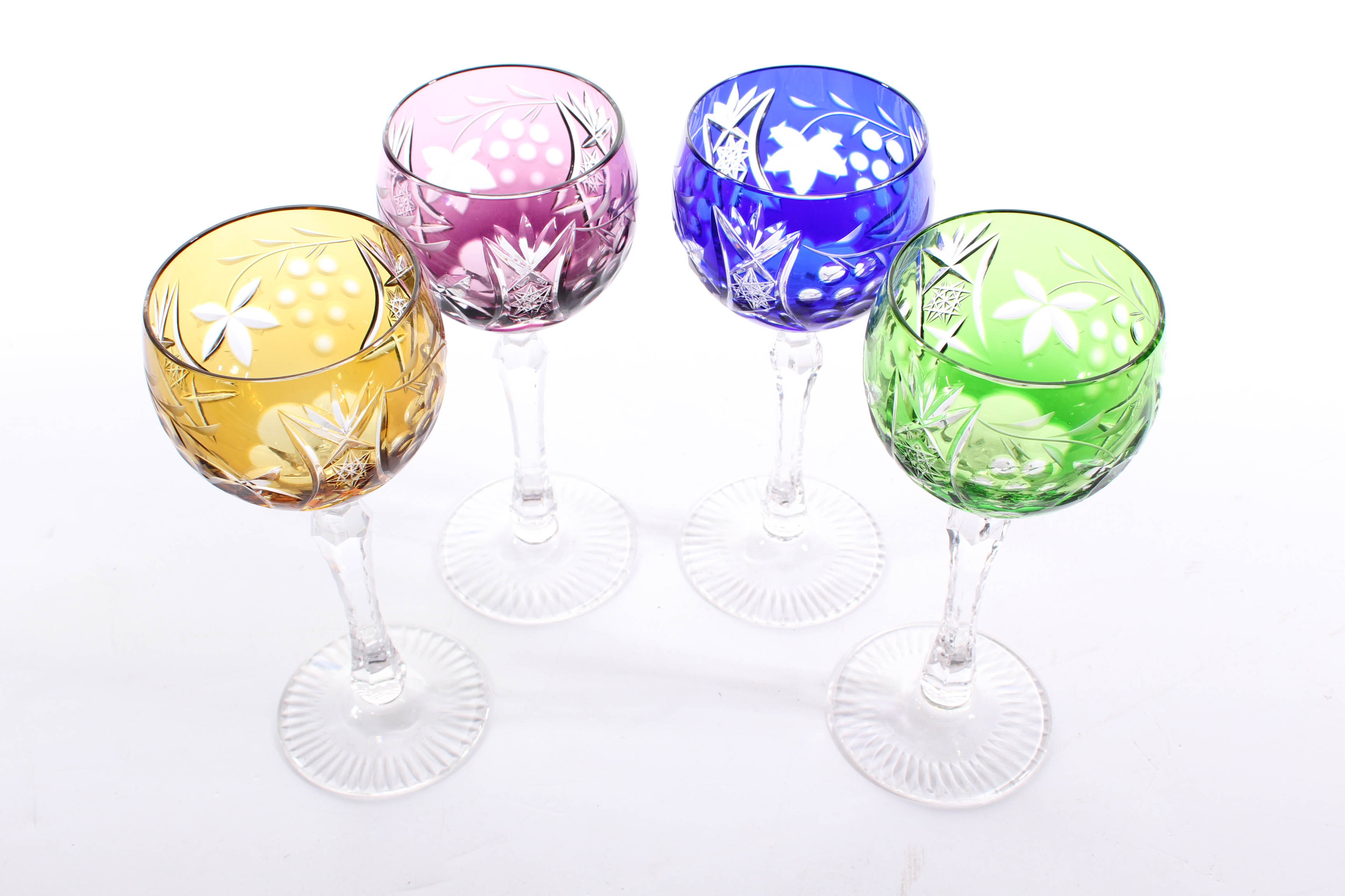 Bohemian Colored Cased Cut to Clear Crystal Hock Wine Glasses