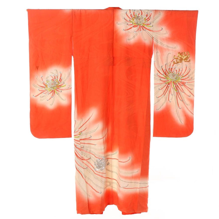 Vintage Japanese Coral Silk Furisode Kimono with Embroidered Chrysanthemums