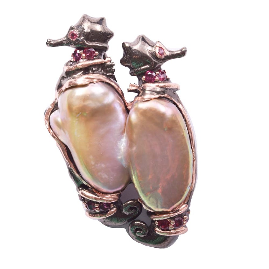 Sterling Silver Freshwater Pearl and Garnet Seahorse Brooch