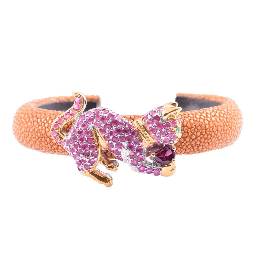Shagreen Cuff with Gold Wash Over Sterling Silver Gemstone Cat Accent
