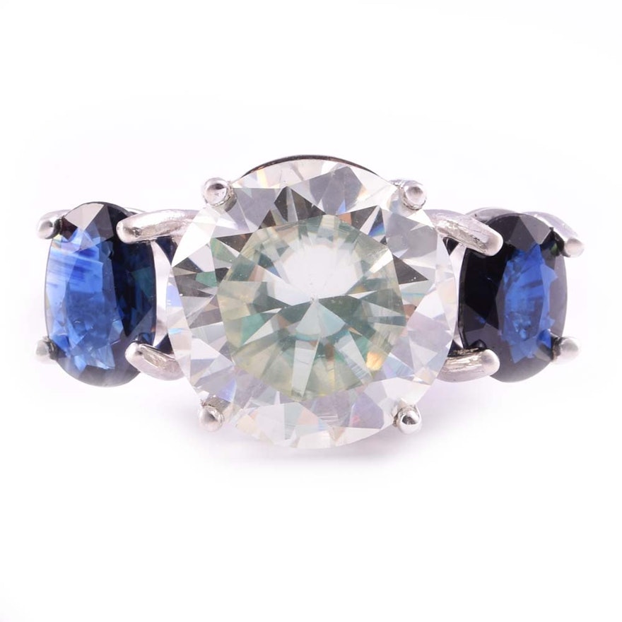 Sterling Silver Moissanite and Sapphire Ring