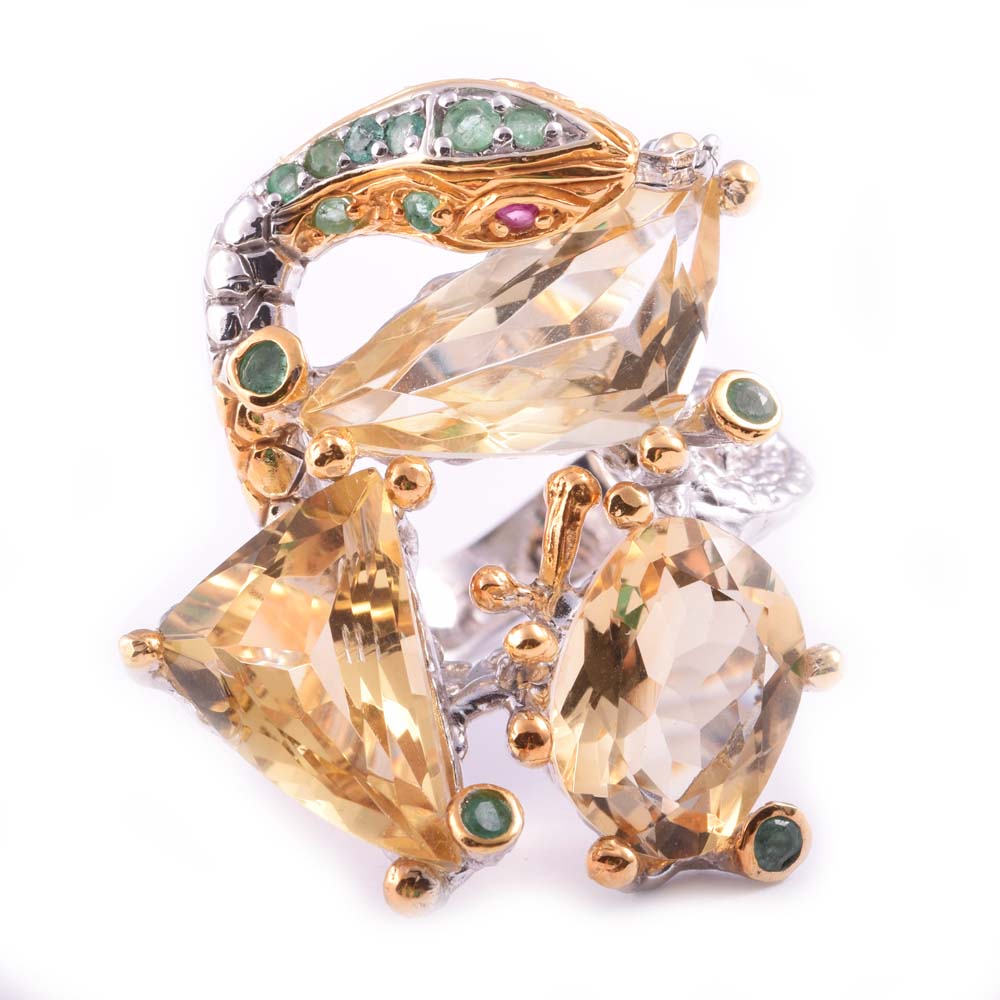 Sterling Silver 15.53 CTW Citrine, Emerald and Ruby Snake Ring