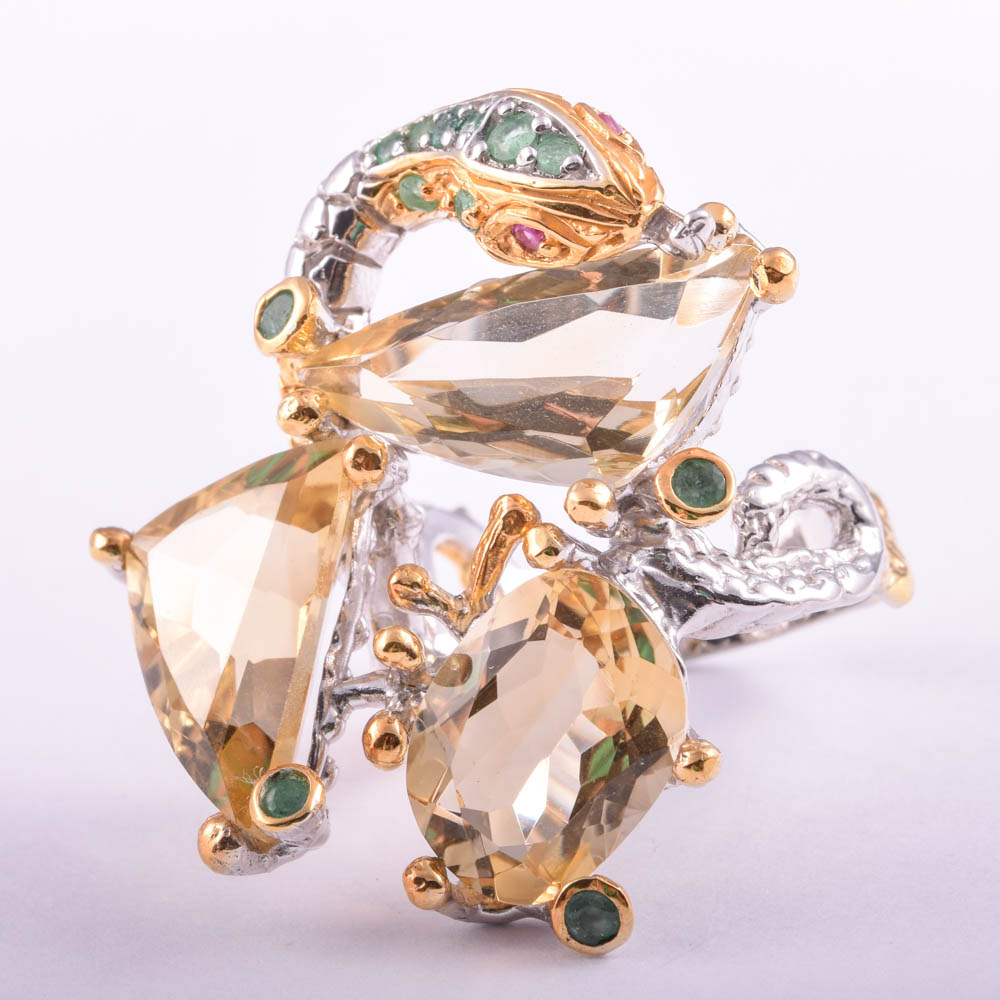 Sterling Silver 15.53 CTW Citrine, Emerald and Ruby Snake Ring