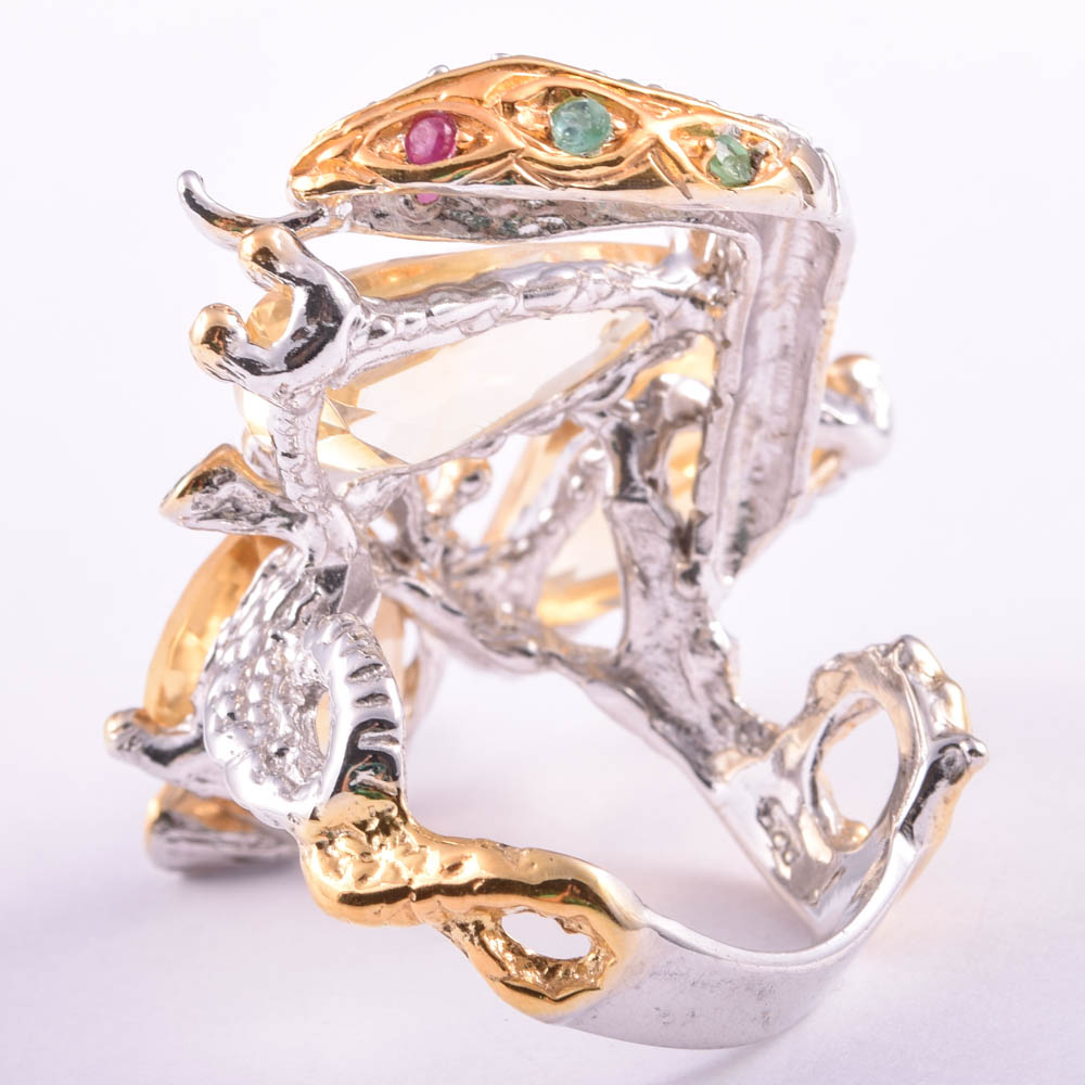 Sterling Silver 15.53 CTW Citrine, Emerald and Ruby Snake Ring