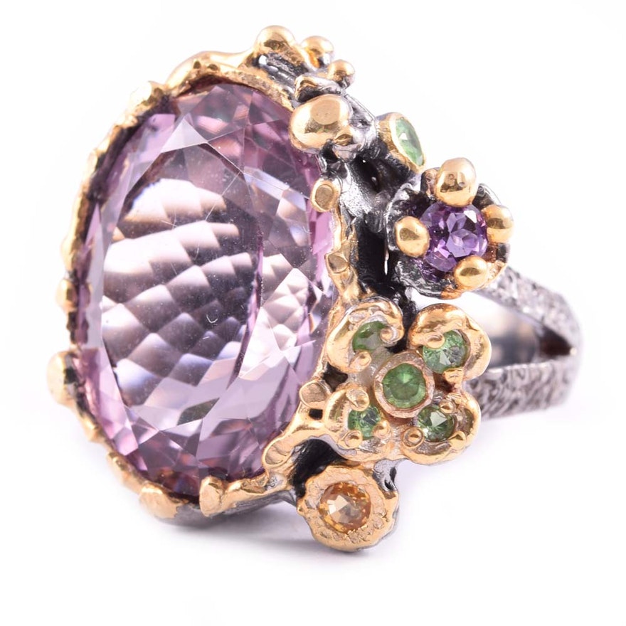 Sterling Silver 16.32 CTW Amethyst, Sapphire, and Peridot Flower Ring