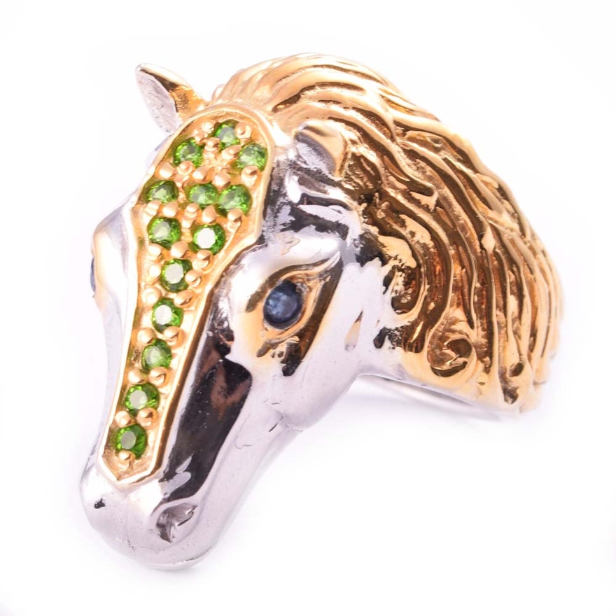 Sterling Silver Chrome Diopside and Sapphire Horse Head Ring