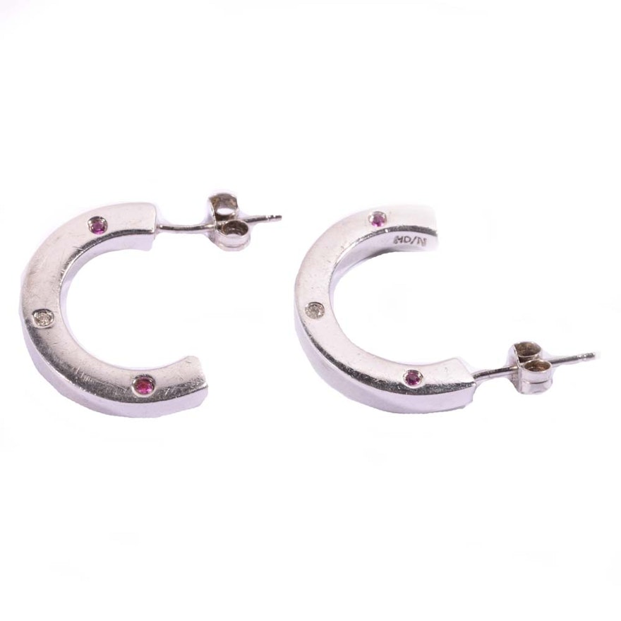 Sterling Silver Diamond and Pink Sapphire Hoop Earrings