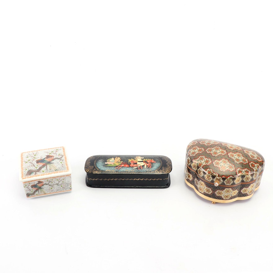 Persian Khatam, Russian Folk Art, and Porcelain Trinket Boxes