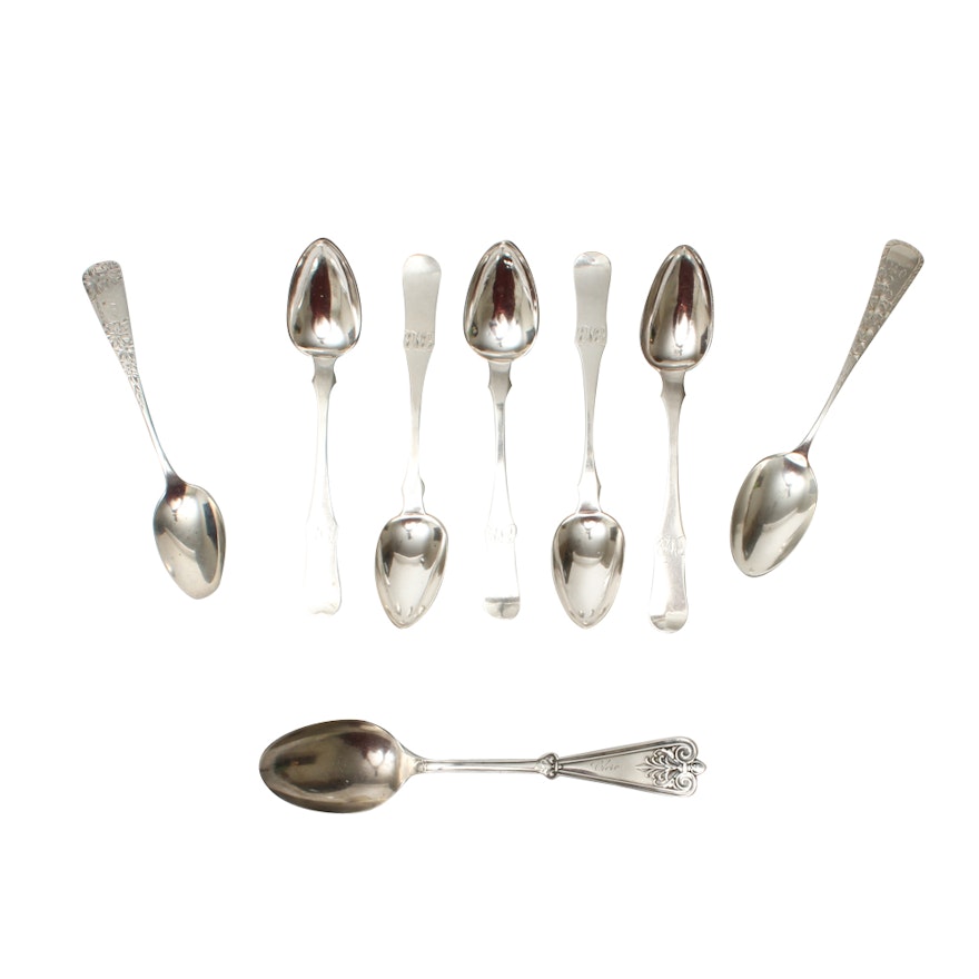 Eight Coin and Sterling Silver Spoons Including W. Wilson McGrew and Kirk & Son