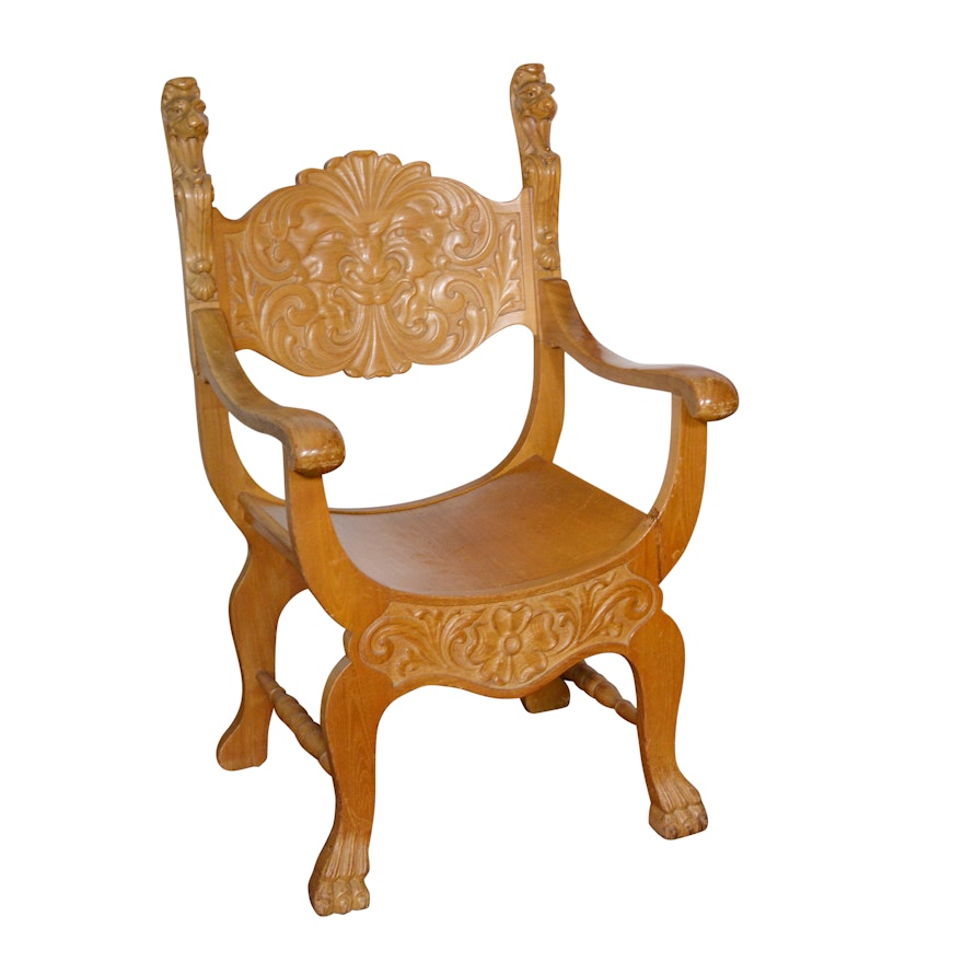 American Renaissance Revival Oak Savonarola Chair, Attributed to John Brown