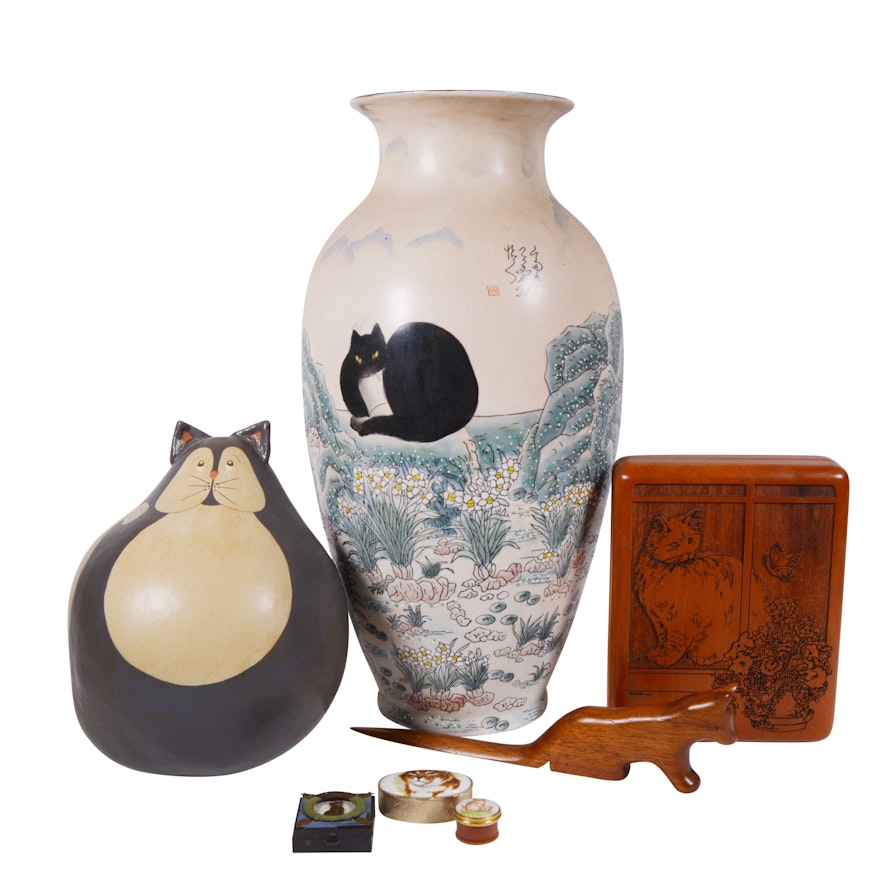 Cat Theme Decor Including an Asian Cat Vase and Halcyon Days Trinket Box