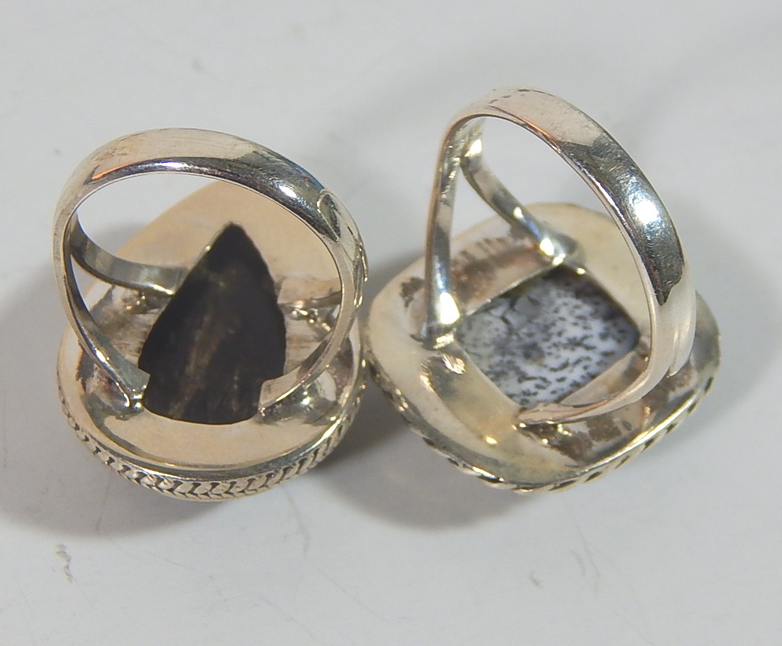 Two Sterling Silver Rings with Black Striated Square and Grey Pear Shaped