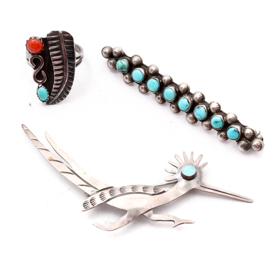 Silver Tone Dyed Turquoise and Coral Brooches and Ring