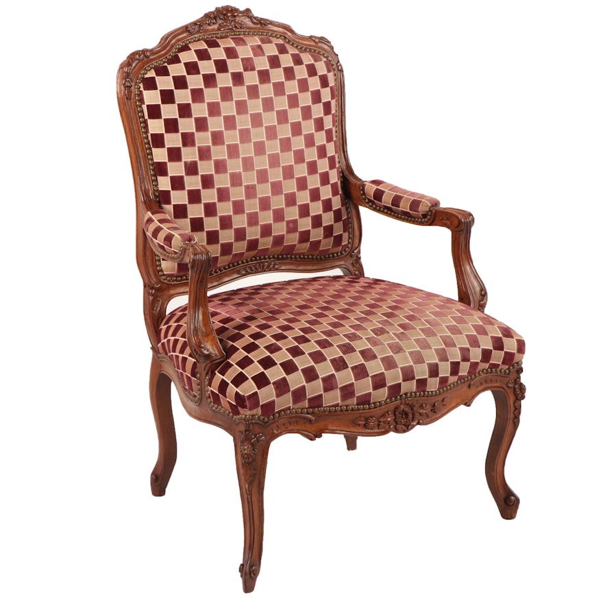 Cream and Black Checked Upholstered Louis XV Style Armchair