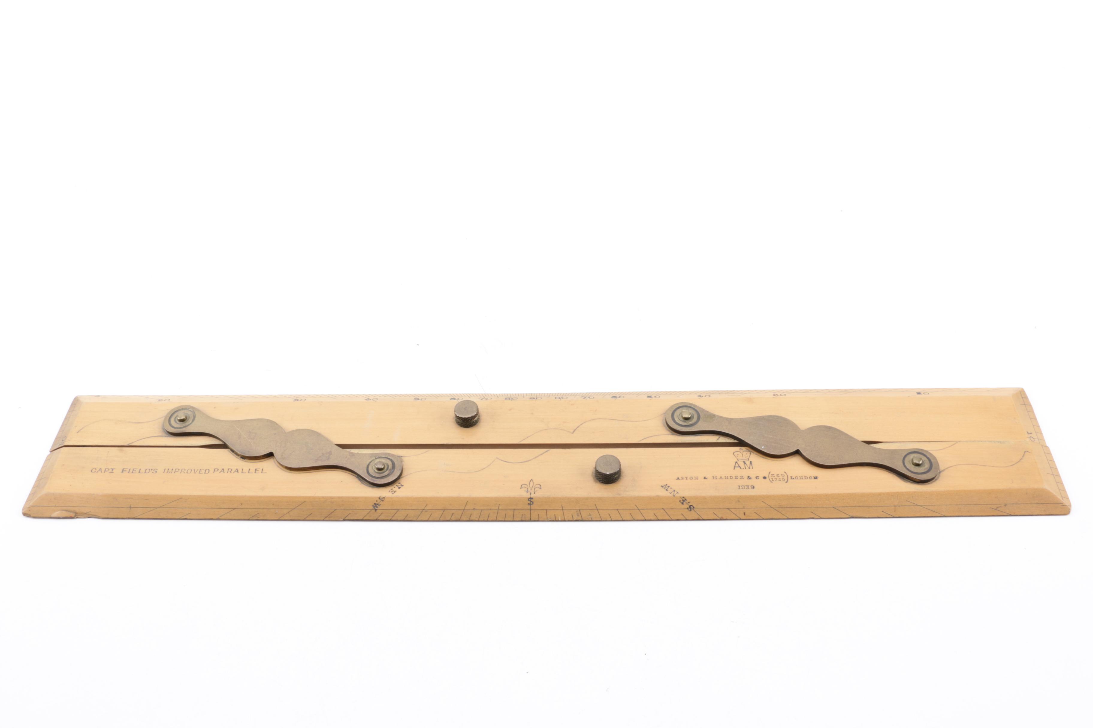 Brass Binoculars, Wooden Cricket Paddle, Level and Parallel Rulers