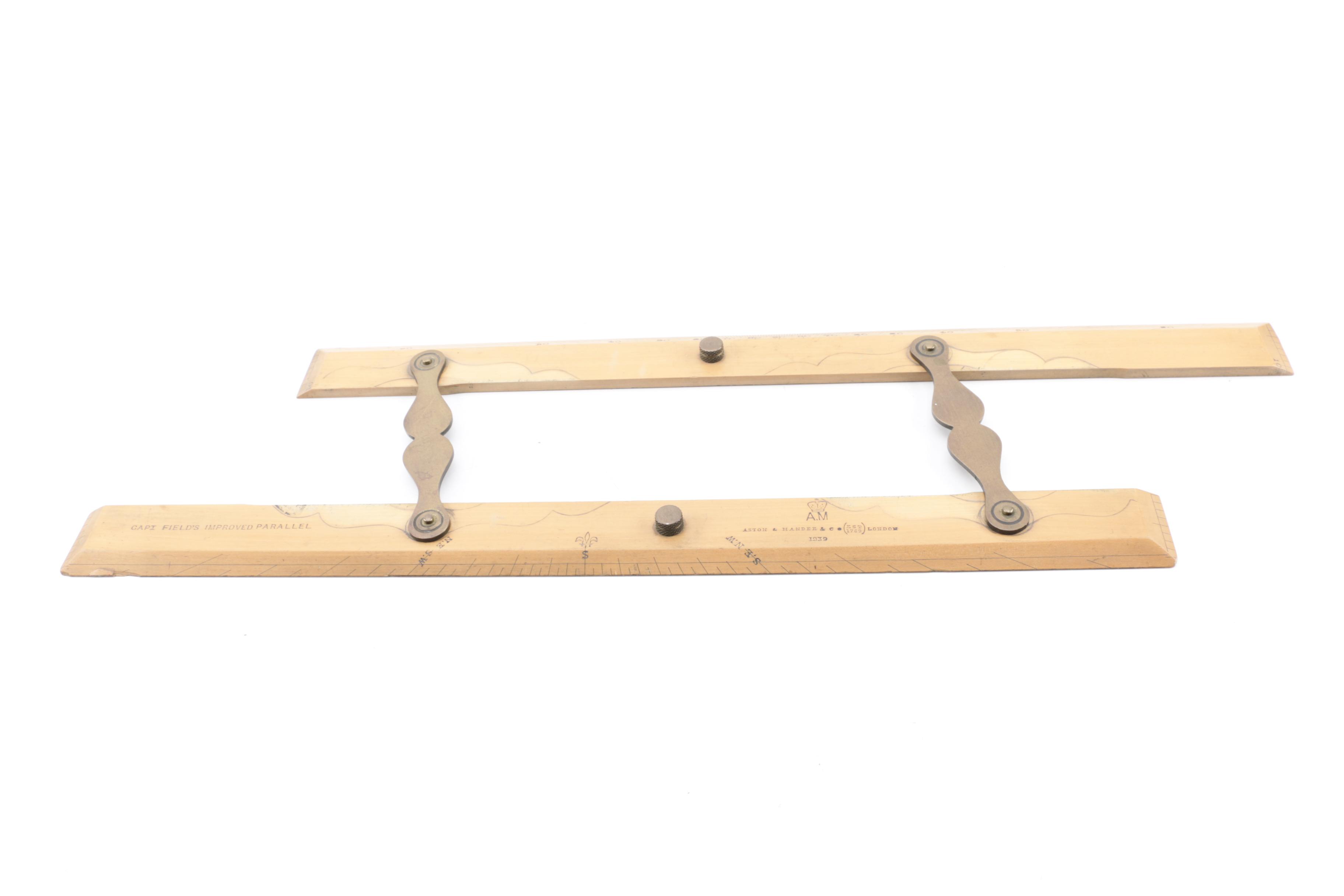 Brass Binoculars, Wooden Cricket Paddle, Level and Parallel Rulers