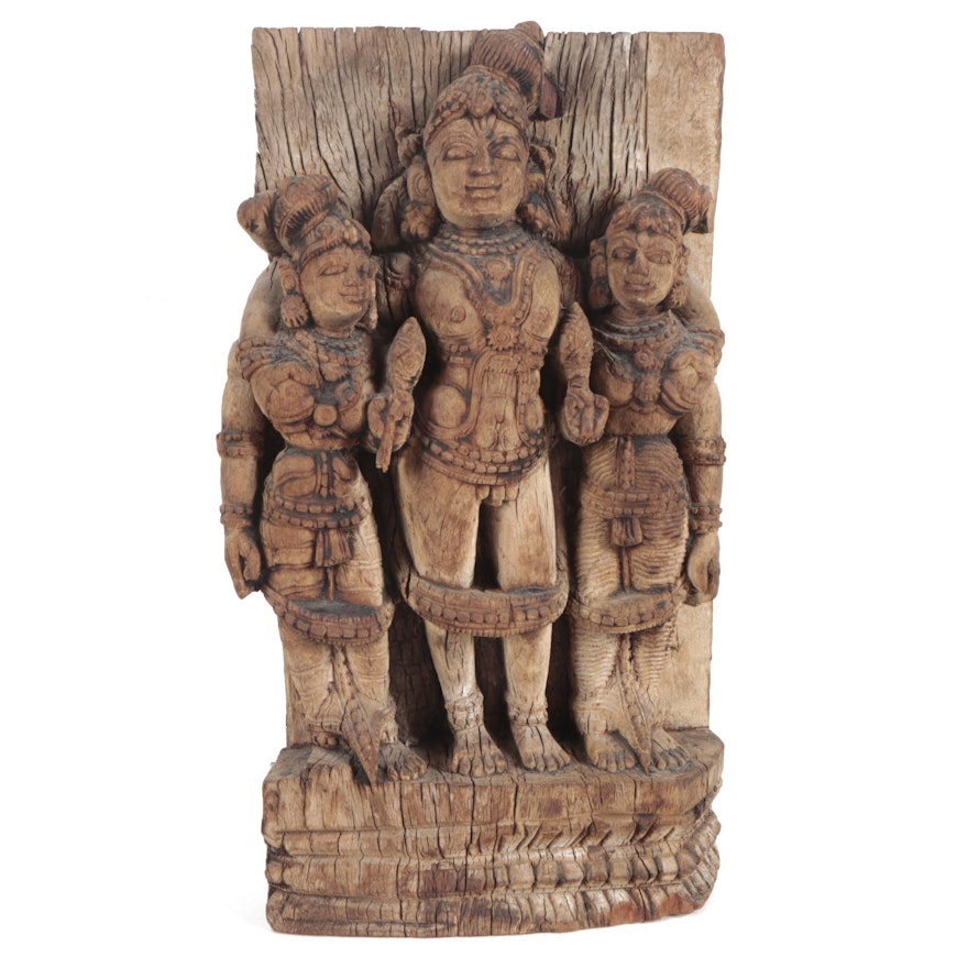 South Asian Lakshmi with Attendants Carved Wood Sclpture