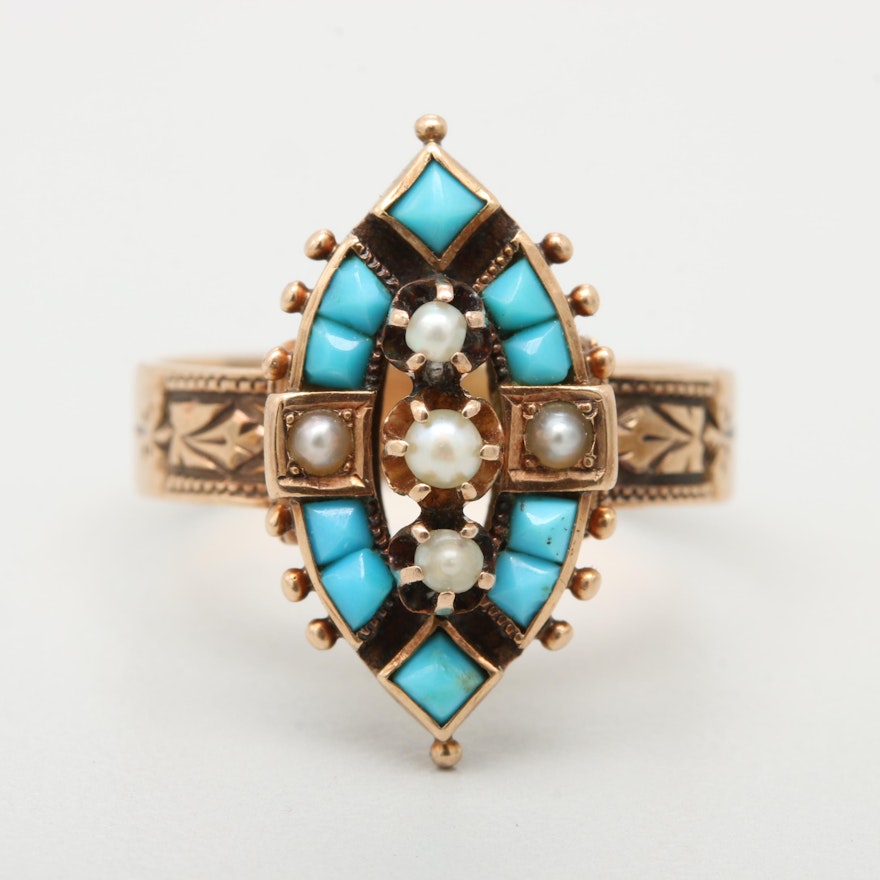 Victorian 14K Rose Gold Turquoise and Seed Pearl Ring