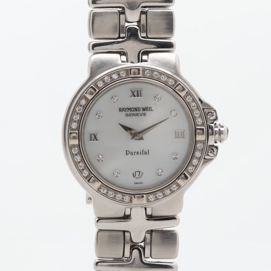 Raymond Weil Stainless Steel Mother of Pearl and Diamond Wristwatch