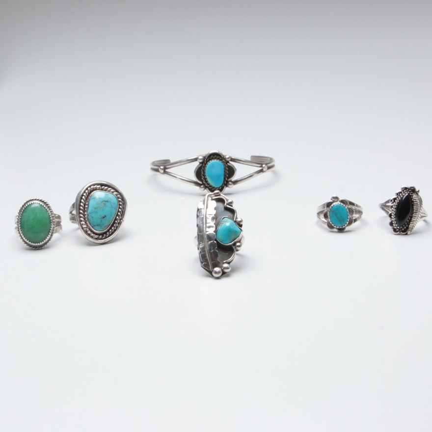 Southwestern Style Sterling Silver Rings and Cuff Bracelet with Turquoise