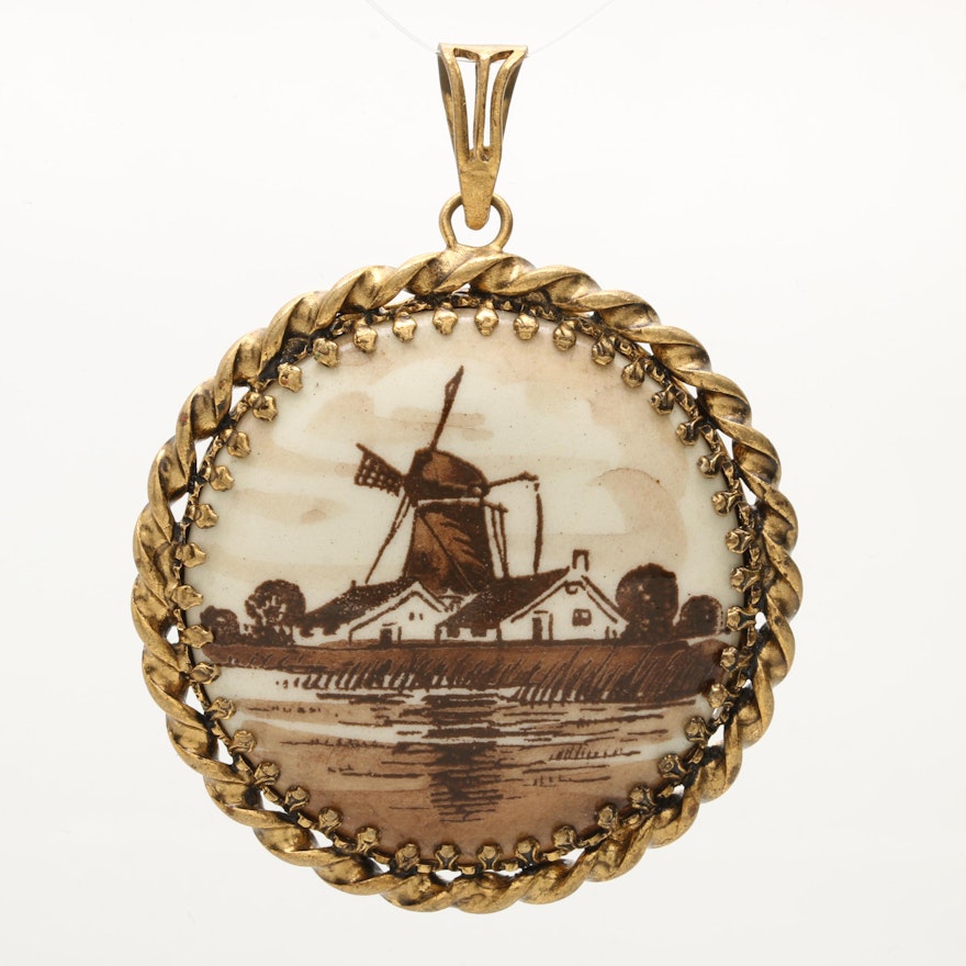 Gold Tone Porcelain Pendant with Dutch Landscape