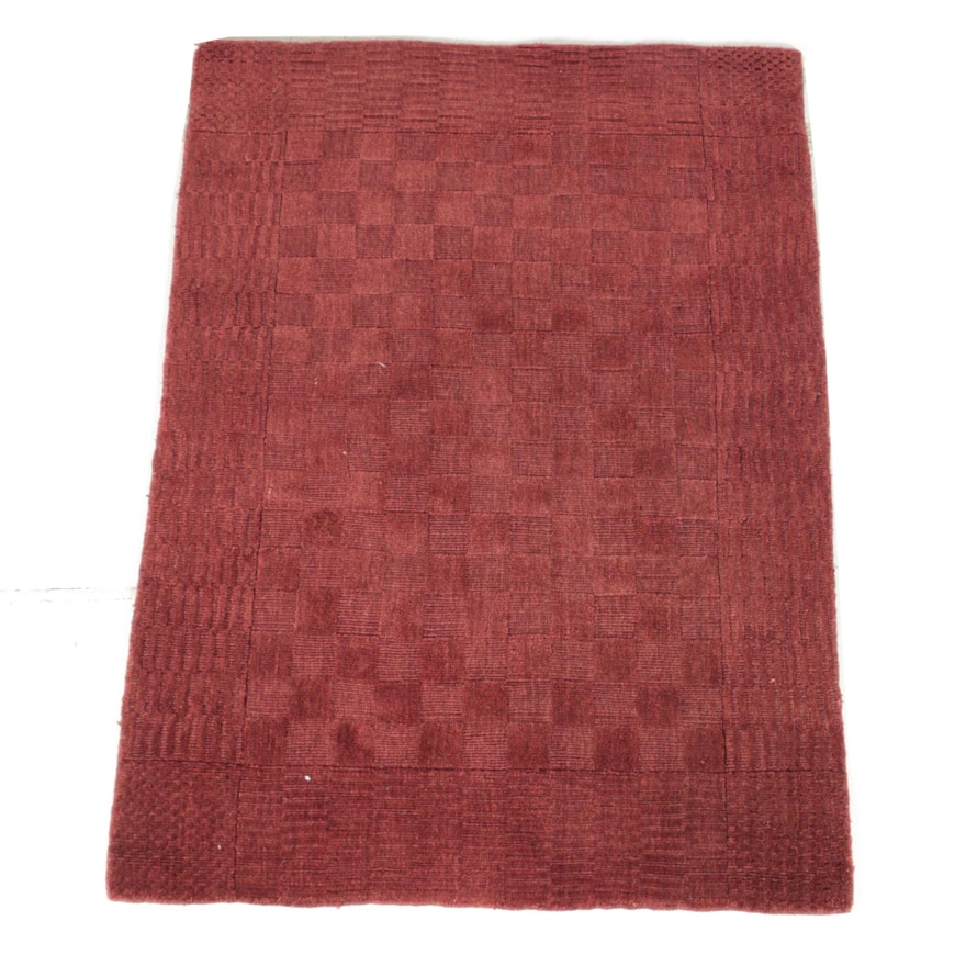 Hand-Knotted Indian Cut and Loop Pile Checkered Wool Area Rug