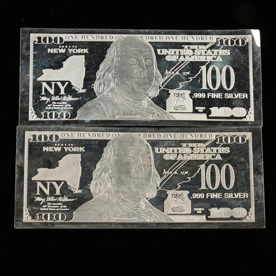 Two 1-Oz. Fine Silver $100 Federal Reserve Note Replicas