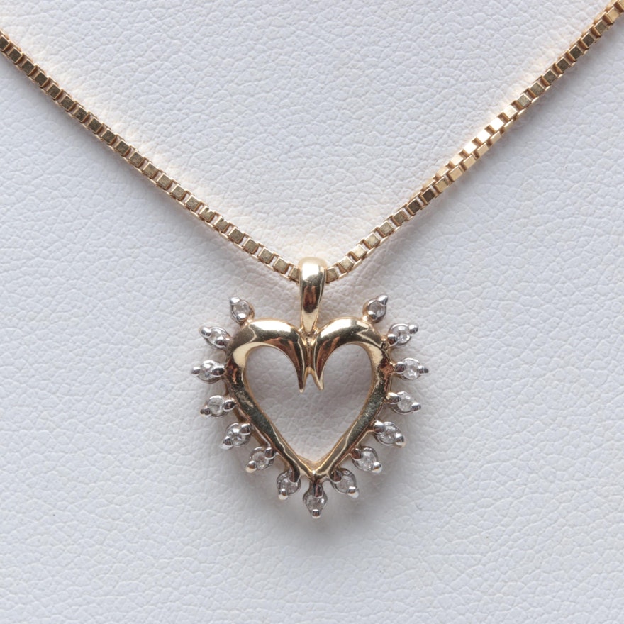 10K Yellow Gold Diamond Heart Pendant and 14K Yellow Gold Necklace