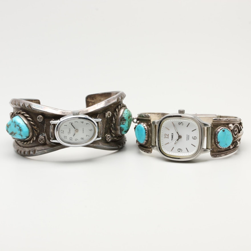 Timex Wristwatches with Southwestern Style Sterling Bracelets and Turquoise