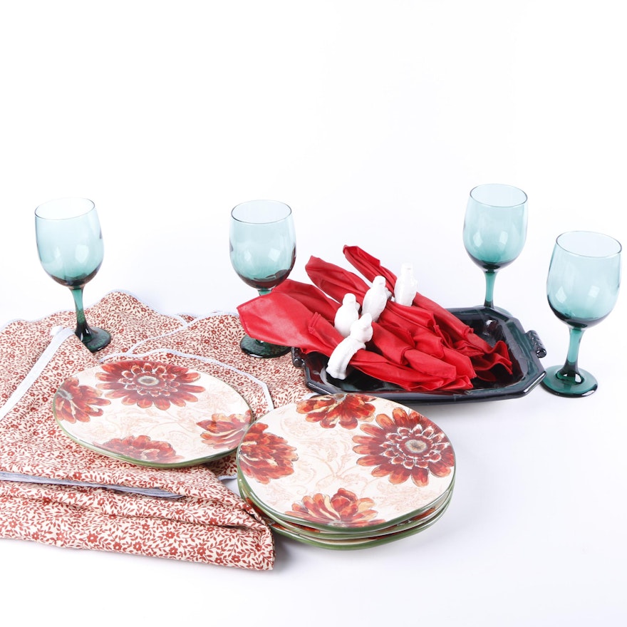 Red Floral Luncheon Set for Four with Handmade Studio Pottery Platter