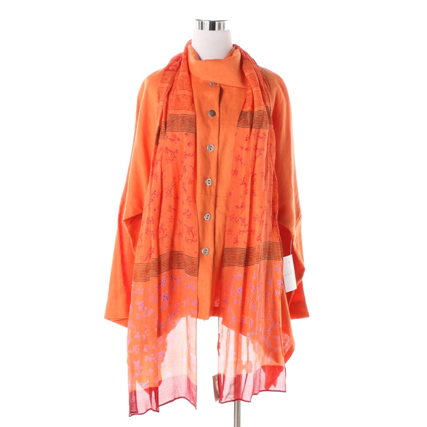 Itemz by Chris Baumgartner Orange Linen Poncho Shirt and Harshita Silk Scarf