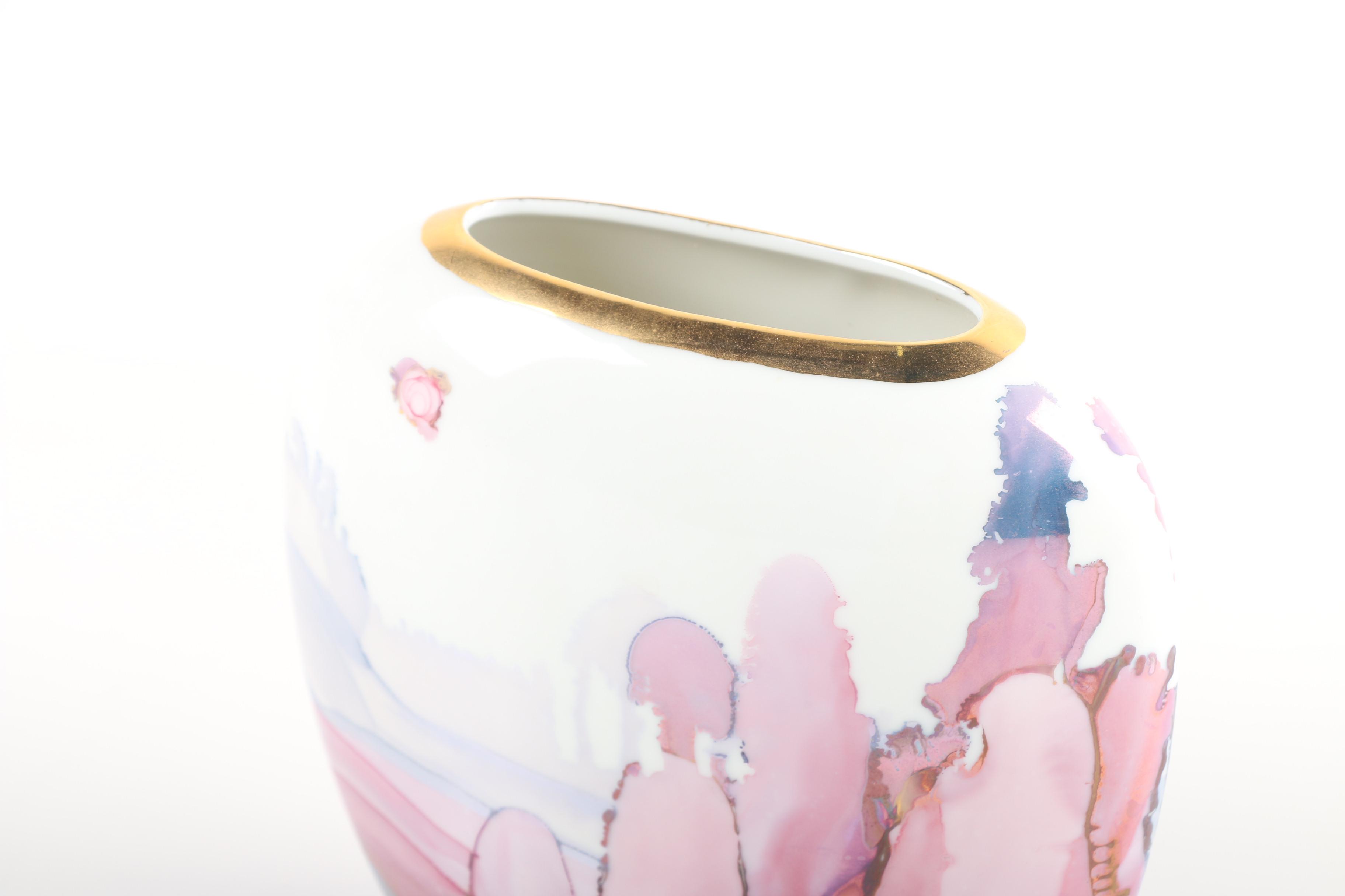 Signed Joan Williams Pink and Gold Luster Porcelain Vase