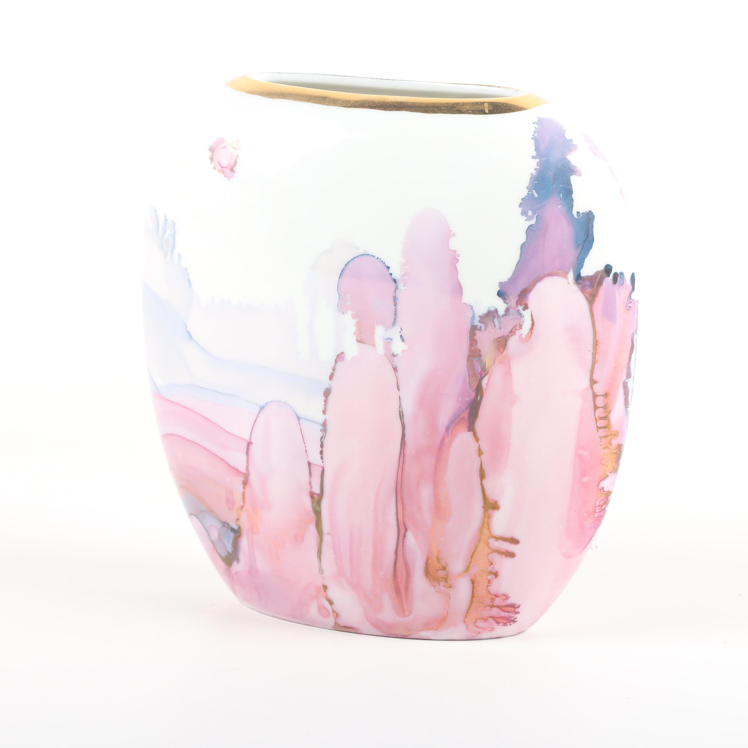 Signed Joan Williams Pink and Gold Luster Porcelain Vase