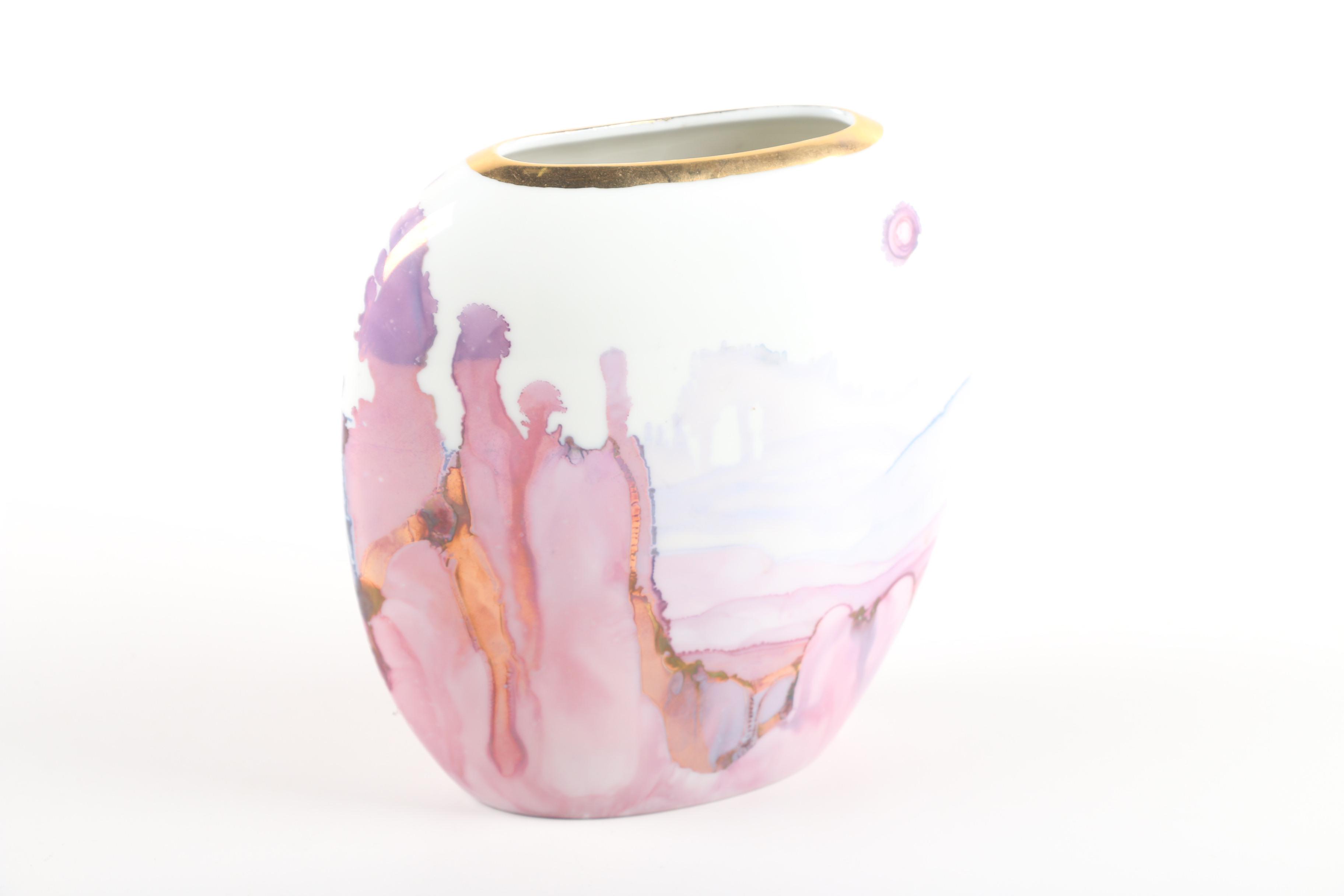 Signed Joan Williams Pink and Gold Luster Porcelain Vase