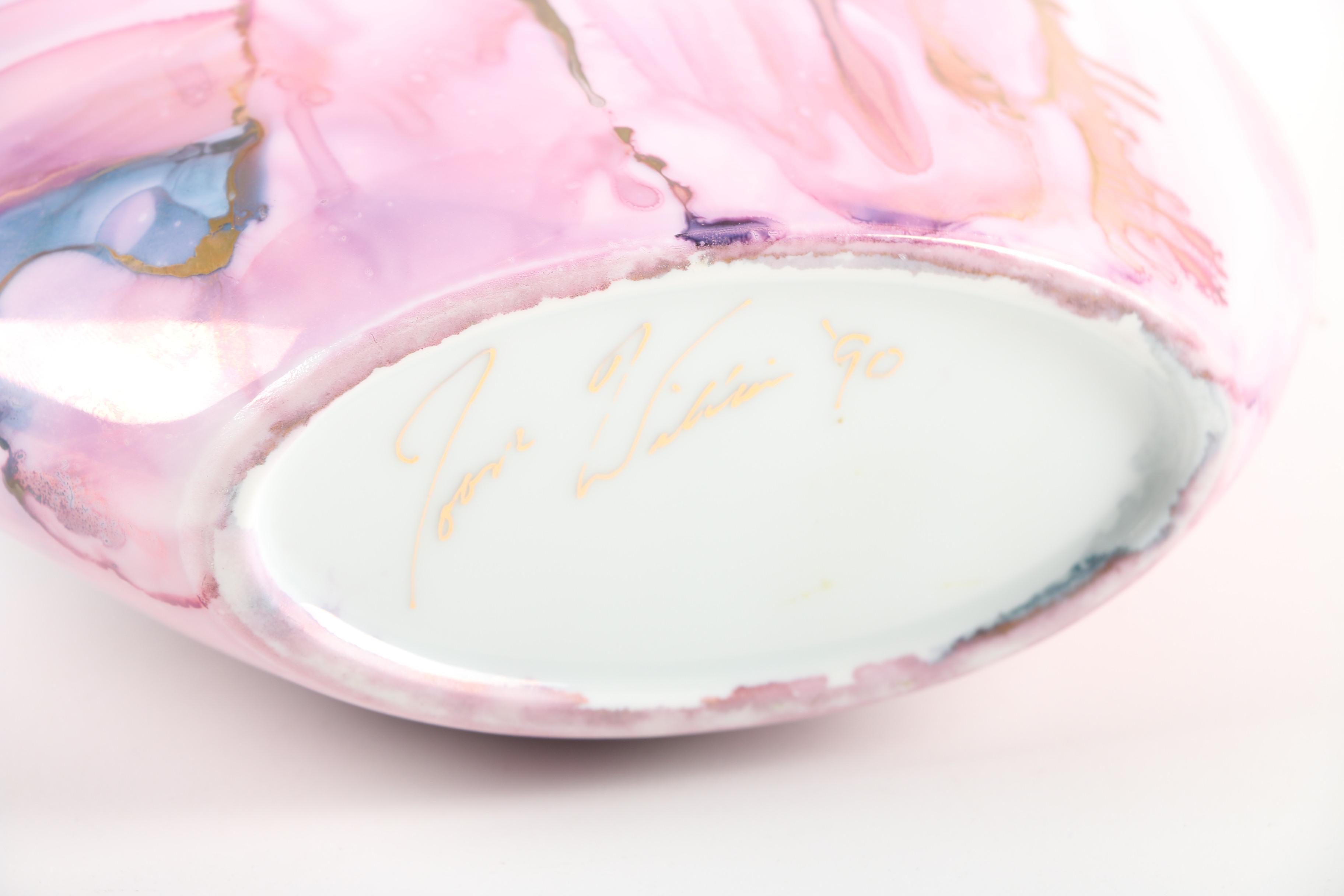 Signed Joan Williams Pink and Gold Luster Porcelain Vase