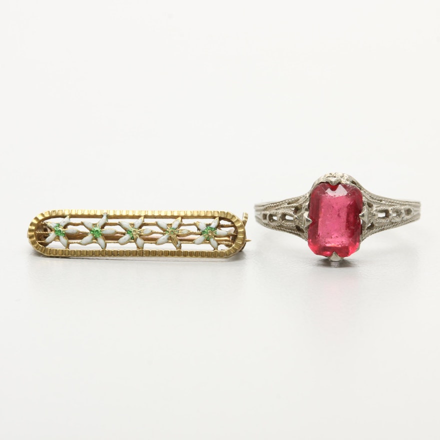 10K White Gold Glass Ring and 14K Yellow Gold Enamel Brooch