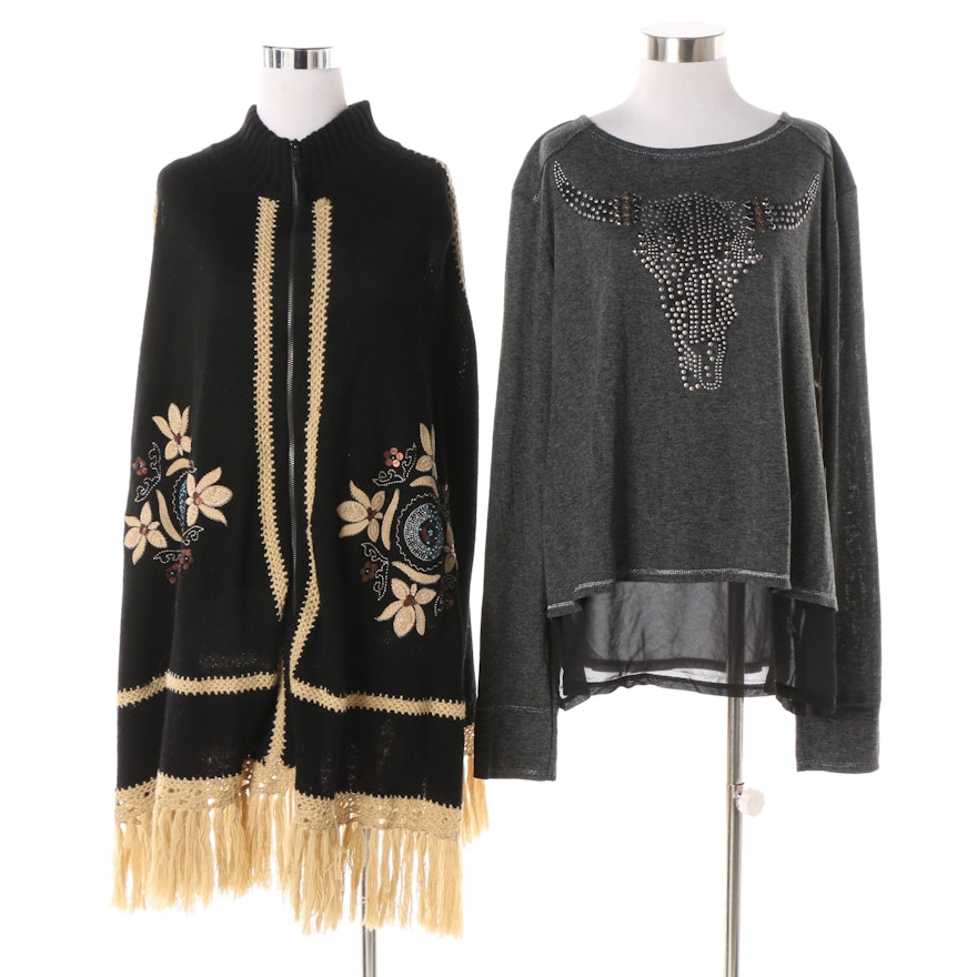 Double D Ranch of Texas Floral Appliqué Poncho and Steer Skull Studded Top