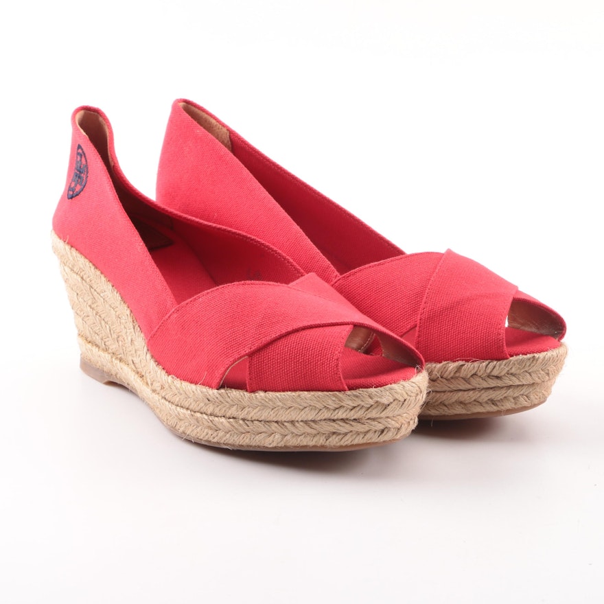 Tory Burch Judith Red Canvas Espadrille Wedges