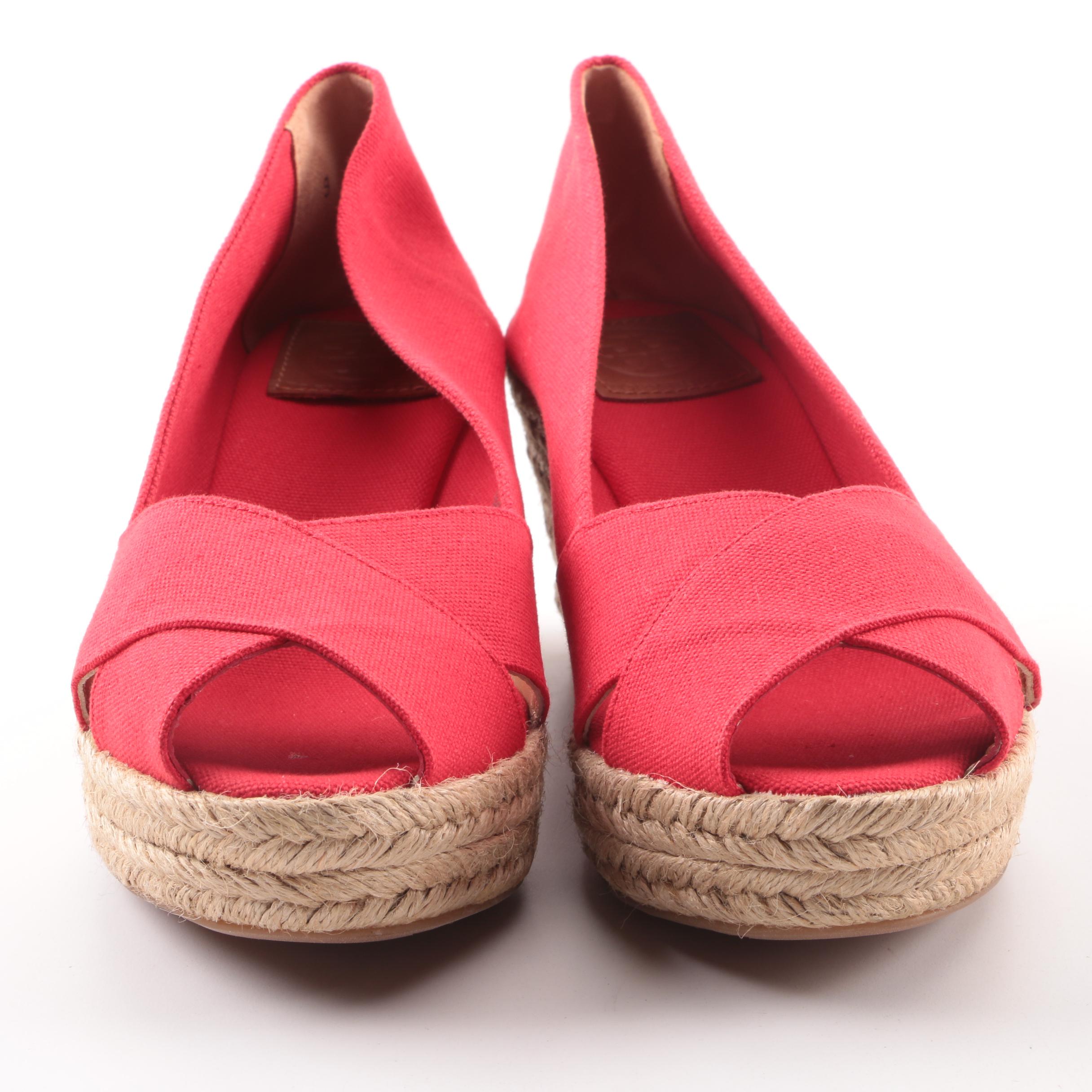 Tory Burch Judith Red Canvas Espadrille Wedges