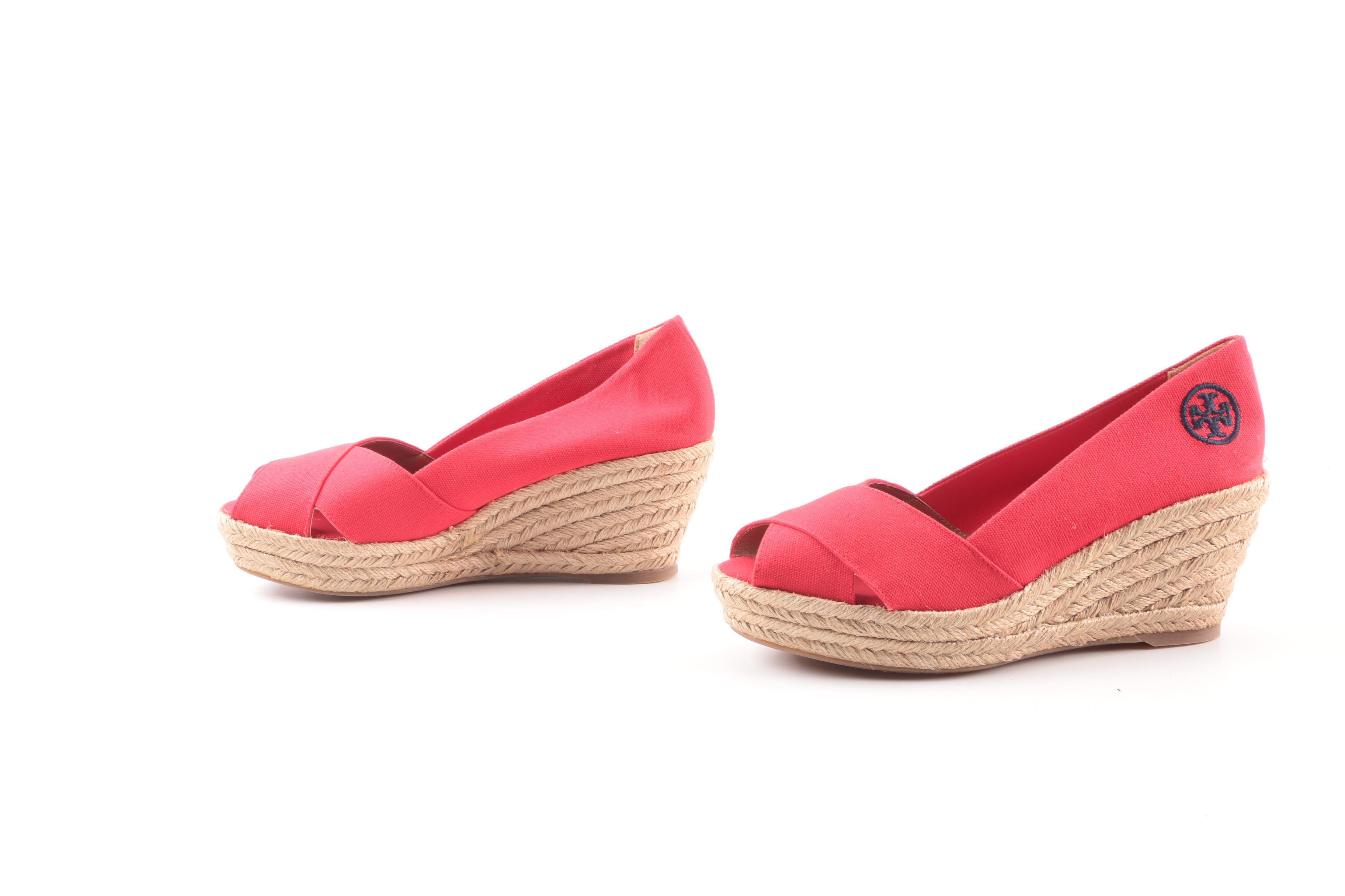 Tory Burch Judith Red Canvas Espadrille Wedges