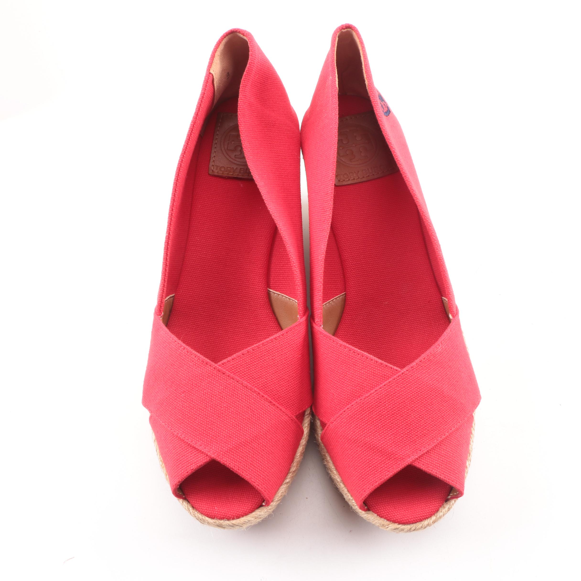Tory Burch Judith Red Canvas Espadrille Wedges