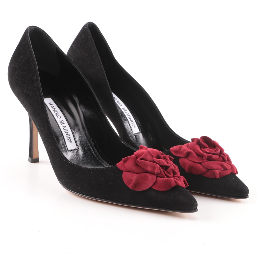 Manolo Blahnik Black Suede Pumps with Rosettes