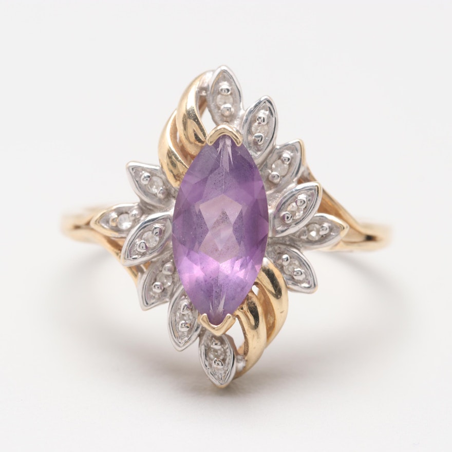 10K Yellow Gold Amethyst and Diamond Ring