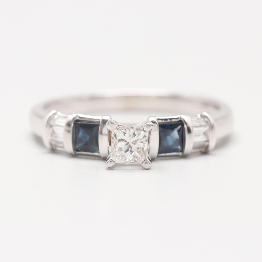 14K White Gold Diamond and Blue Sapphire Ring
