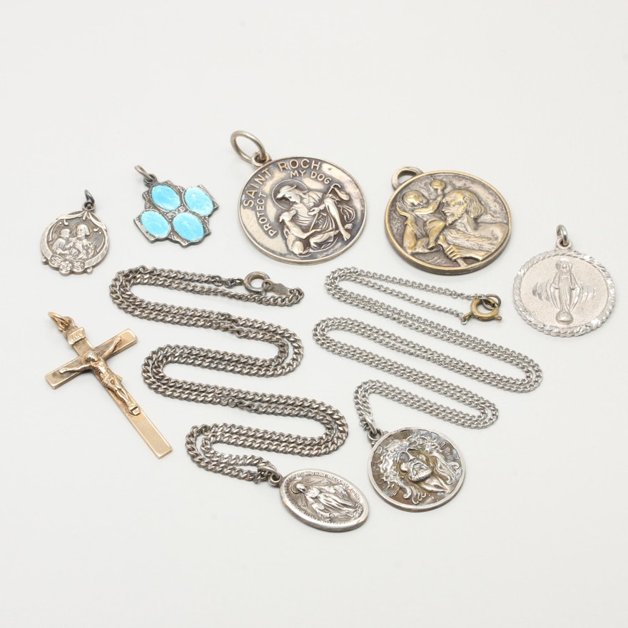 Collection of Sterling Silver Religious Medallions with Enamel
